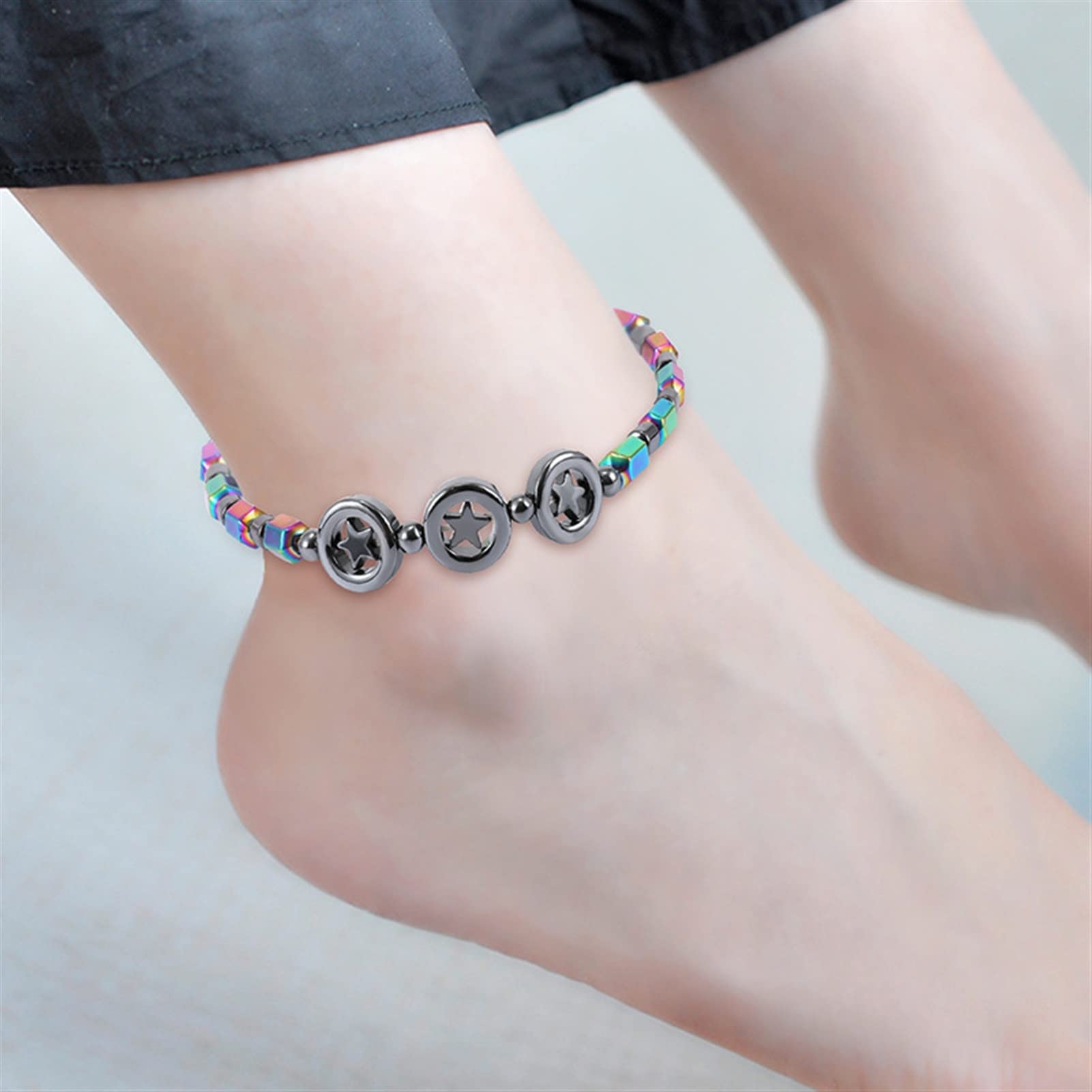 Fußkettchen Kreative manuelle Fußkettchen Kreis Stern magnetische Schwarze Stein galvanisierte Farbe Strand Legierung eingelegte Damen Fußkettchen Frauen Fußkettchen