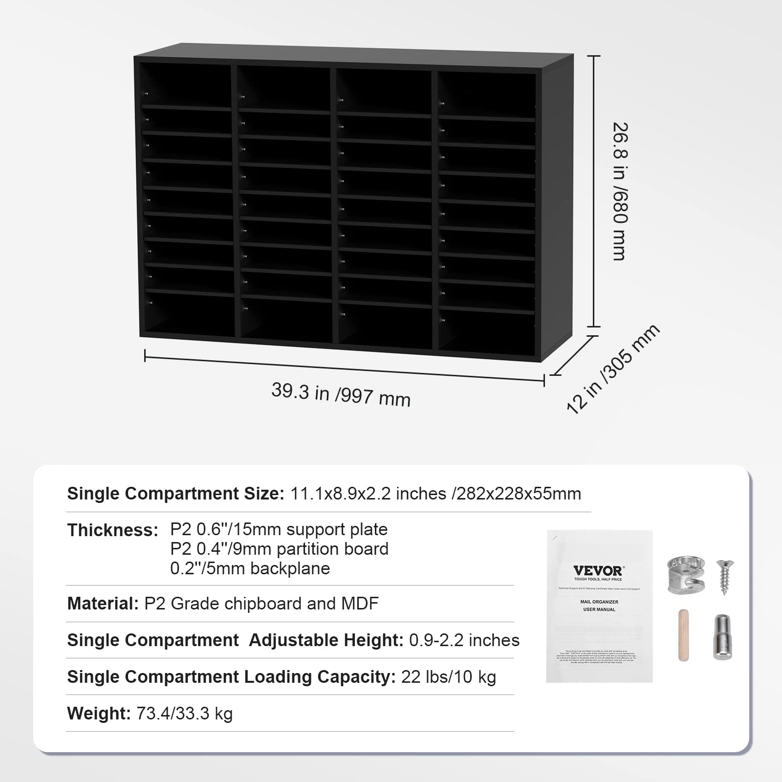 VEVOR Organizador de Literatura de Madera Aglomerado Estante de Almacenamiento de Documentos de 36 Compartimentos 99,7x30,5x68 cm Clasificador de Literatura con Estantes Ajustables para Oficina, Negro