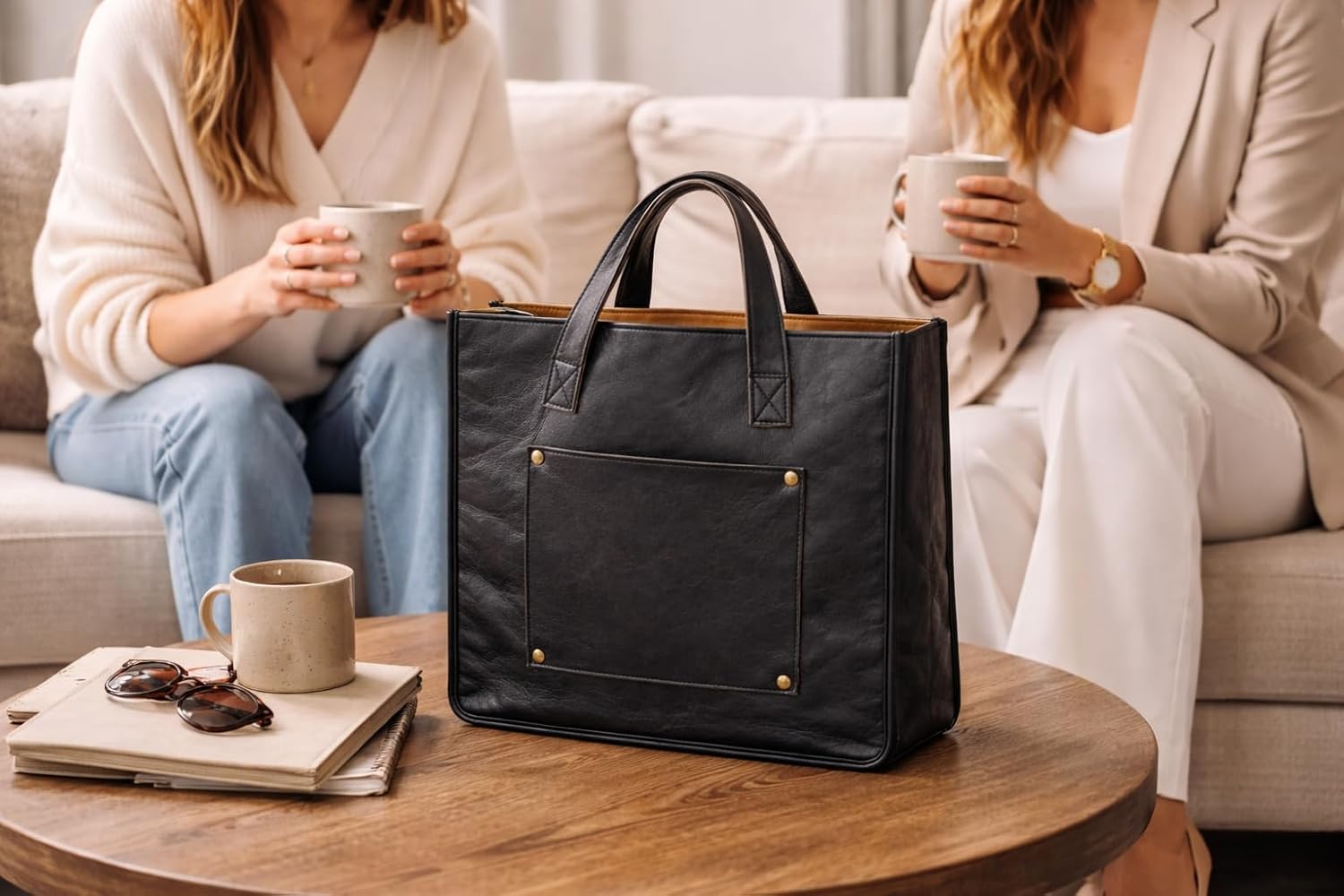 Women's Leather Tote Bag, Black with Tan Trim, Front Pocket Design with Brass Studs, Shoulder Handbag