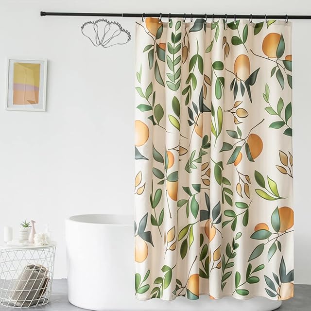 DeKeLaiFu Cloth Fabric Fruit Floral Orange Peach Shower Curtain Green Leaf with Steel Hooks, Vibrant Cute Beige Bright Colorful Shower Curtains Bathroom Waterproof Weighted (180 x 180 cm)