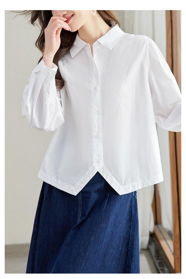 Camisas De Algodón De Manga Larga para Mujer, Blusa Tipo Túnica Blanca Transparente con Solapa, Botones Y Dobladillo Triangular, Informal, Holgada, para Uso Diario Y Verano.