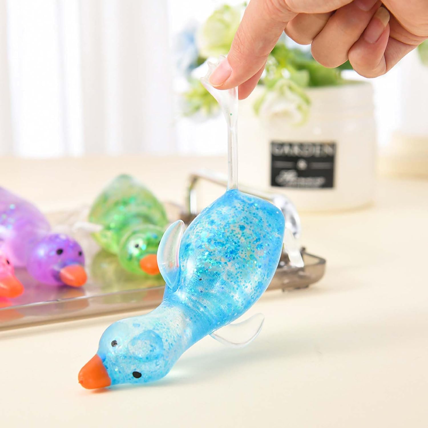 2PCS Glitter Cute Duck Squishy Sugar Stress Ball, Slow Rising Soft Fidget Sensory Toy, Moldable Squeeze Ball for Stress Anxiety Relief, Desk Relaxing Toy ( Blue + Pink ) image 5