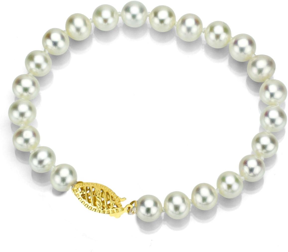 14K Yellow Gold Pearl Bracelet 7.5 inches with White Japanese Akoya Cultured Pearl 7.5-8MM
