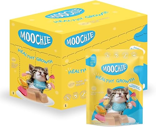 MOOCHIE Alimento húmedo para gatitos sin granos, crecimiento saludable, hecho con paté de atún y pollo, sin sabores artificiales ni conservantes,