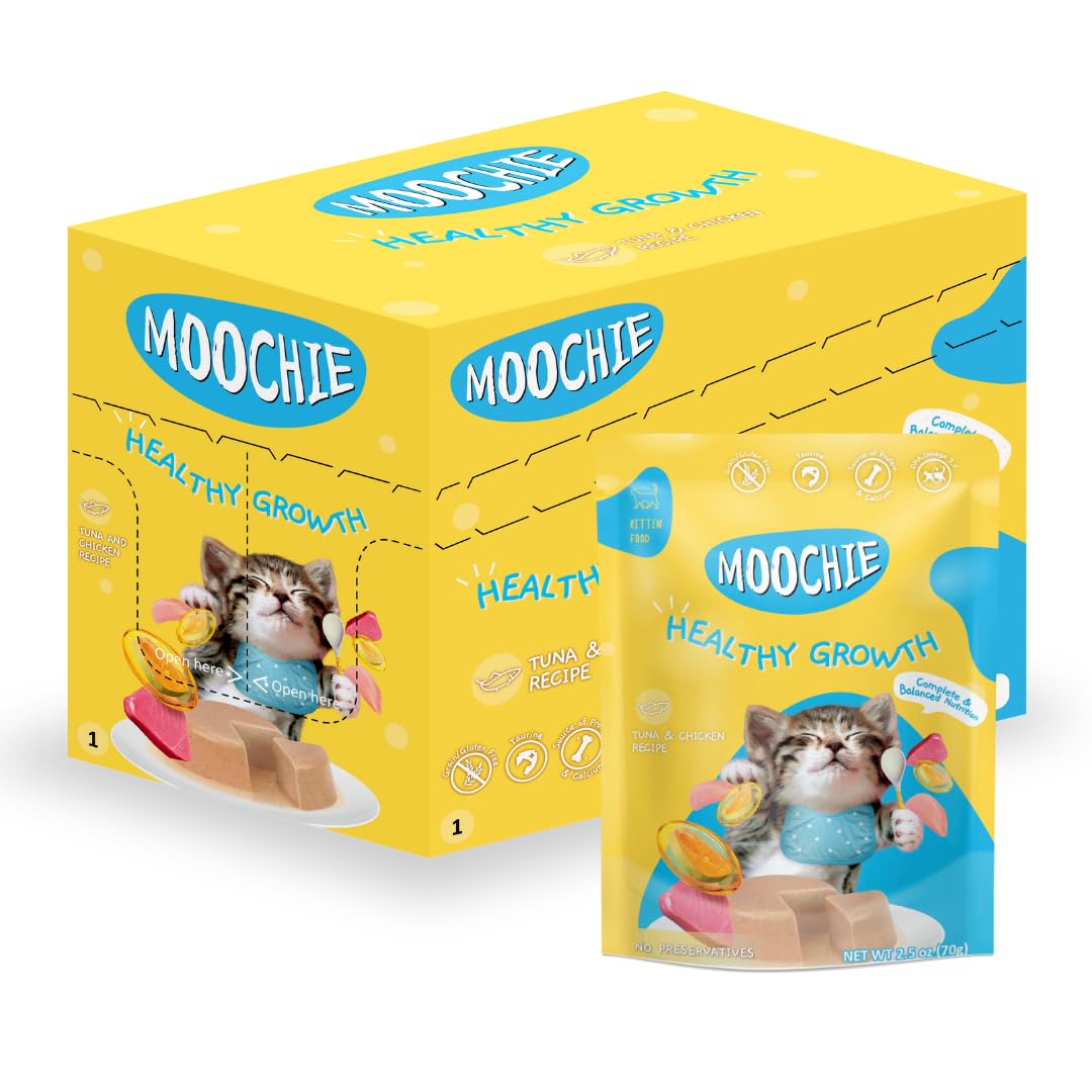 MOOCHIE Grain Free Kitten Wet Food - Healthy Growth - Made with Tuna & Chicken Paté - No Artificial Flavors or Preservative - 12 x 2.5 oz Pouch