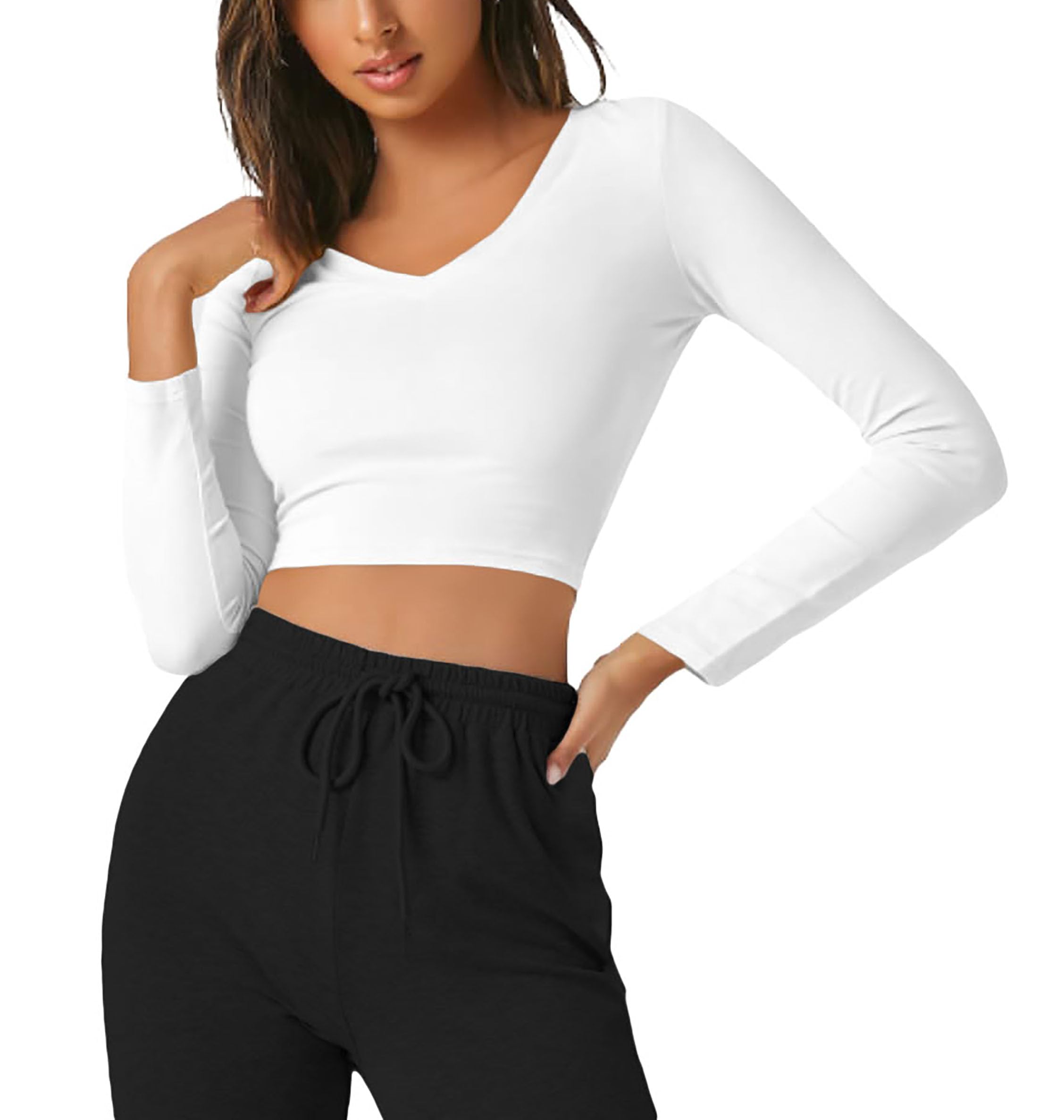 the blazze Women's Cotton Stretchable Deep V Neck Long Sleeve Stylish Crop Top T-Shirt for Women L514-picture-53
