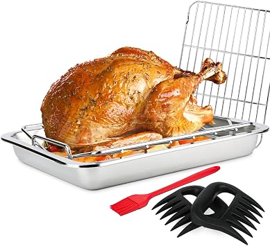 15.5" Stainless Turkey Roasting Pan with V-Rack & Flat Rack for Oven