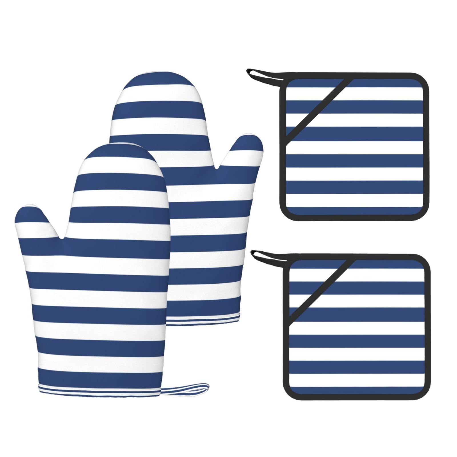 Juego de Cuatro Guantes y Manoplas Resistentes al Calor para Hornear, Guantes de Cocina Antideslizantes, Manoplas para Horno, Rayas Blancas y Azul Marino