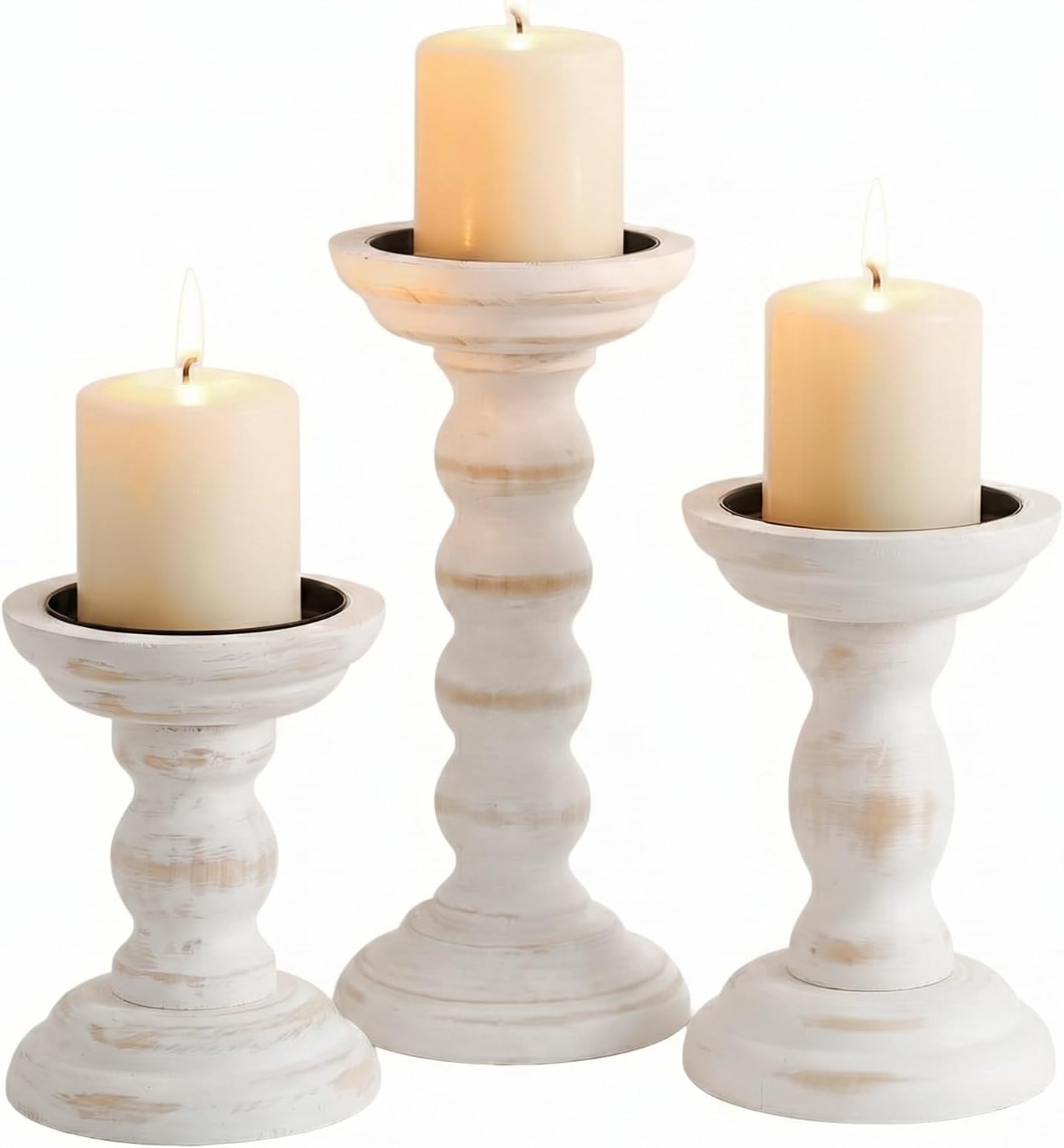 Wooden Candle Holders for Pillar Candles Set of 3 Tall Rustic White Candlestick Stands for Fireplace Mantle Table Centerpiece Farmhouse Decor Fits Wide Pillar Candles 3 Inch