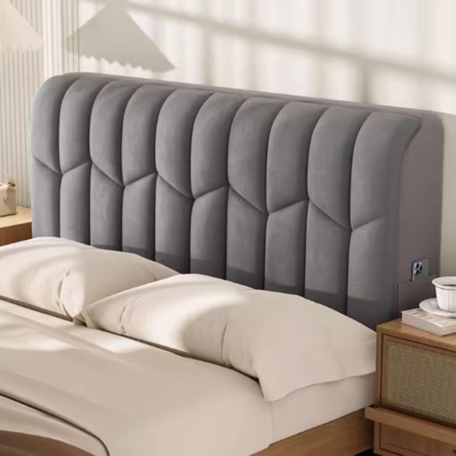 Copri Testiera Letto 120cm 150cm 180cm 200cm 220cm,Velluto Corto Copri Testiera Letto Matrimoniale Imbottito,Universale Copertura Per Testiera Per Letto,Testiera Lavabile Copri(200*60CM,Gray)