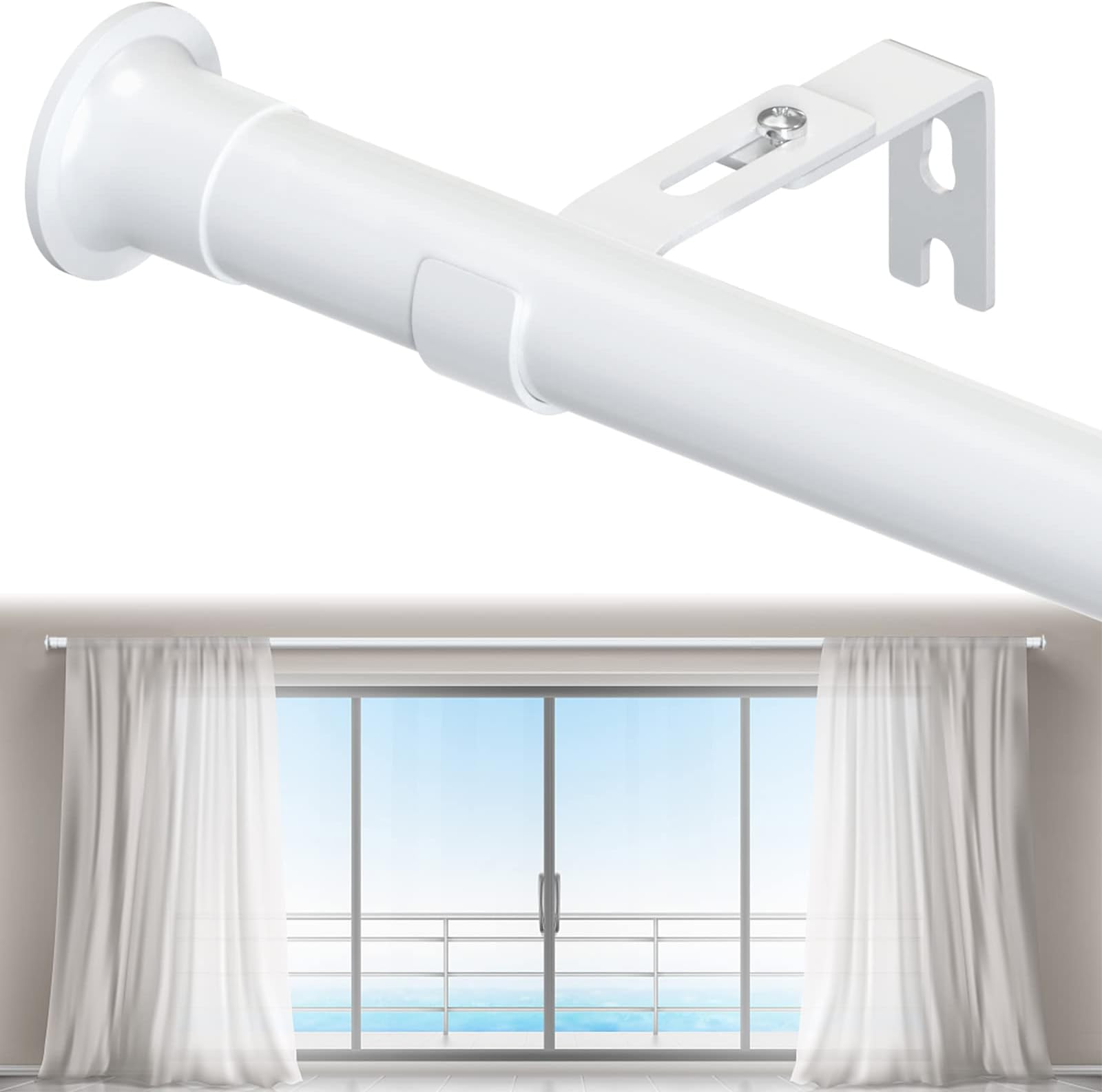 Extra Long Curtain Rods 120-inch to 170-inch/200-inch, Heavy Duty 1 1/8" Curtain Rods for Windows Easy Install, Adjustable Metal Thick Drapery Rods Simple End Cap Finials, White