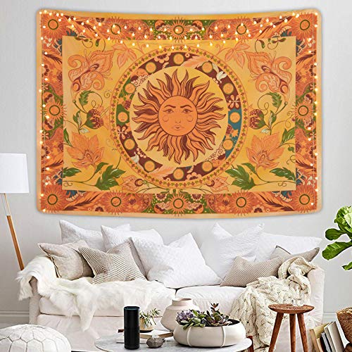 Yugarlibi Sonne Wandteppich Mandala Wandteppich Boho Vintage Blumen Wandbehang Orange Konstellation Wandbehang für Schlafzimmer Wohnzimmer Eingangshalle Hotel 150x130cm