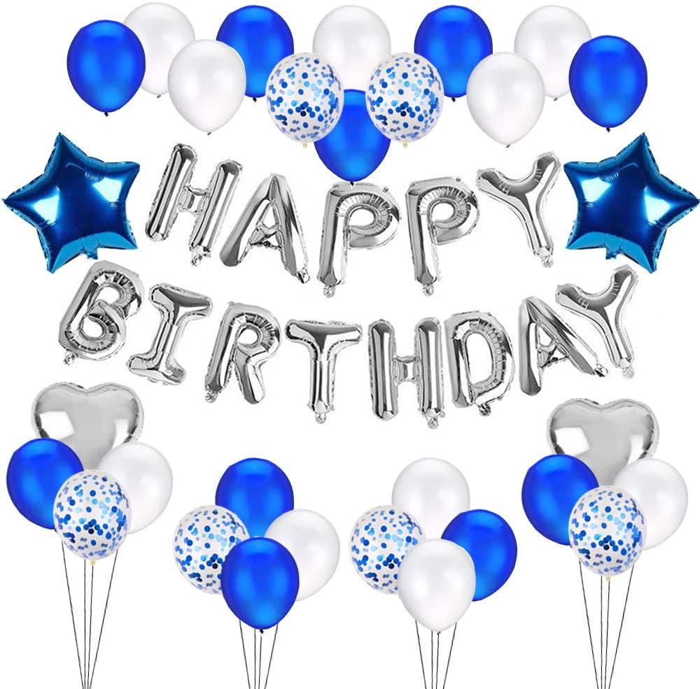 Amazon Com Blue Silver Happy Birthday Decorations Set With Happy Birthday Balloons Banner Star Foil Balloons Heart Foil Balloons Latex Balloons Confetti Balloons For Baby Boy Shark Birthday Party Supplies Toys