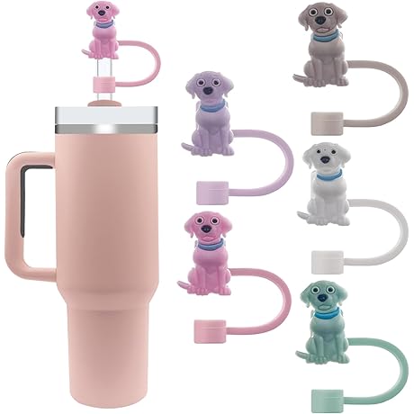 5Pcs Dog Straw Toppers for Stanley Cup, Cute Silicone Straw Covers Caps
