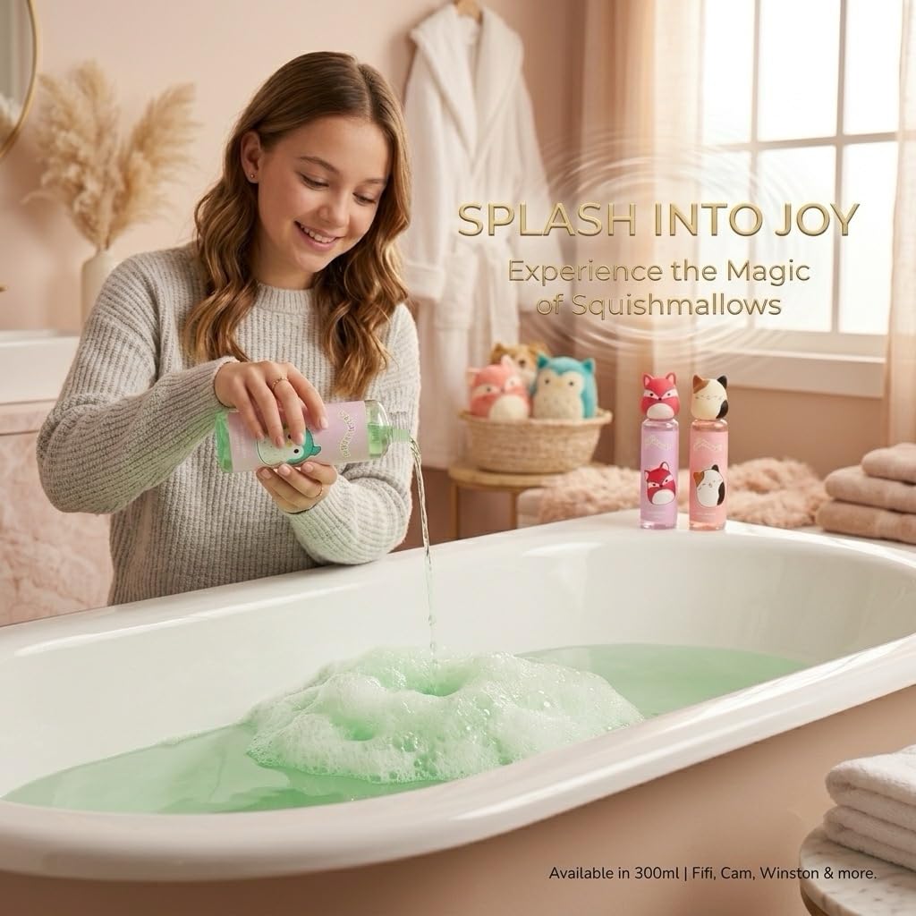Squishmallows - Baño de burbujas para niños, 300 ml cada uno, Foxy Fruity, Cam Purrfect, Winston Feelin' Mallow, divertidas botellas coleccionables de personajes con tapas blandas