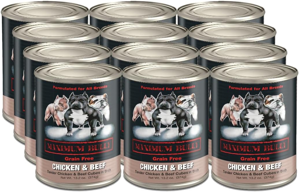 Maximum Bully Grain Free Dog Food, 13.2 Ounce Cans, 12 Pack, Formulated for All Breeds (Chicken & Beef)