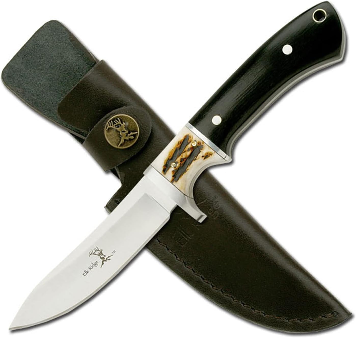 Elk Ridge 087 Series Outdoors Fixed Blade Knife - 8.5-in Overall, 3.75-in Mirror Polished Stainless Steel Blade, Full Tang, Jig Bone and Black Wood Handle, Leather Sheath - Hunting, Camping, Survival