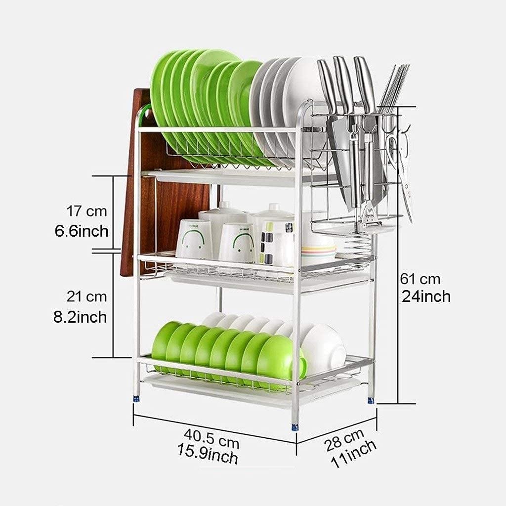 Escurreplatos Estante para Platos De 3 Niveles, para Secar, Acero Inoxidable 304 con Bandeja Drenaje, Soporte para Utensilios, Tabla Cortar, para Organización Cocina