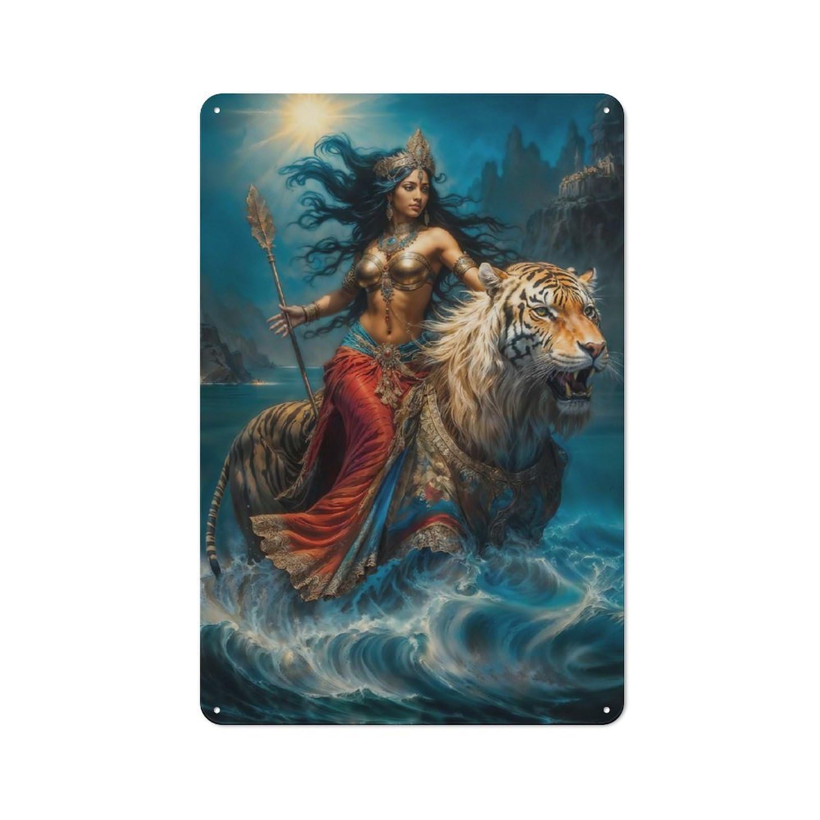 Junmoney Goddess Durga Riding A Tiger Tin Sign With Design 30X20cm, Weathered Look Industrial Wall Art For Workshop, Basement, Shed Or Games Room