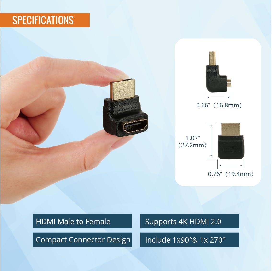 Tecmojo Adattatore HDMI 2.0 4K, adattatore ad angolo retto, supporta 4K a 60Hz, 2K a 240Hz, 1080P a 60Hz, adattatore HDMI da maschio a femmina, 90 gradi e 270 gradi, confezione da 2, nero
