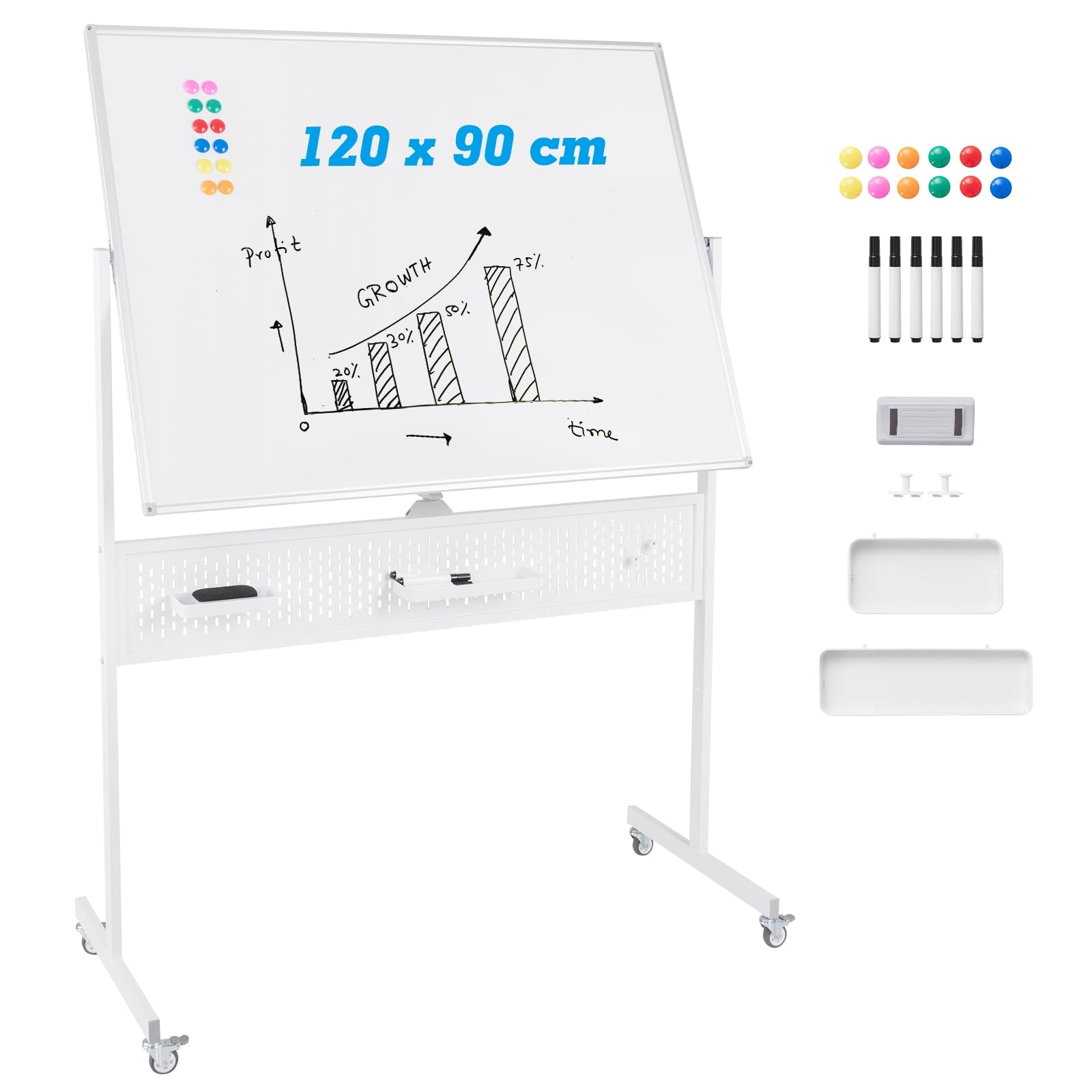 COSTWAY Double Sided Magnetic Whiteboard, Adjustable Mobile Revolving Board with Magnets, Pens & Eraser, Standing Dry Wipe Writing Whiteboard for Home Office School (120 x 90 CM, White, with Pegboard)