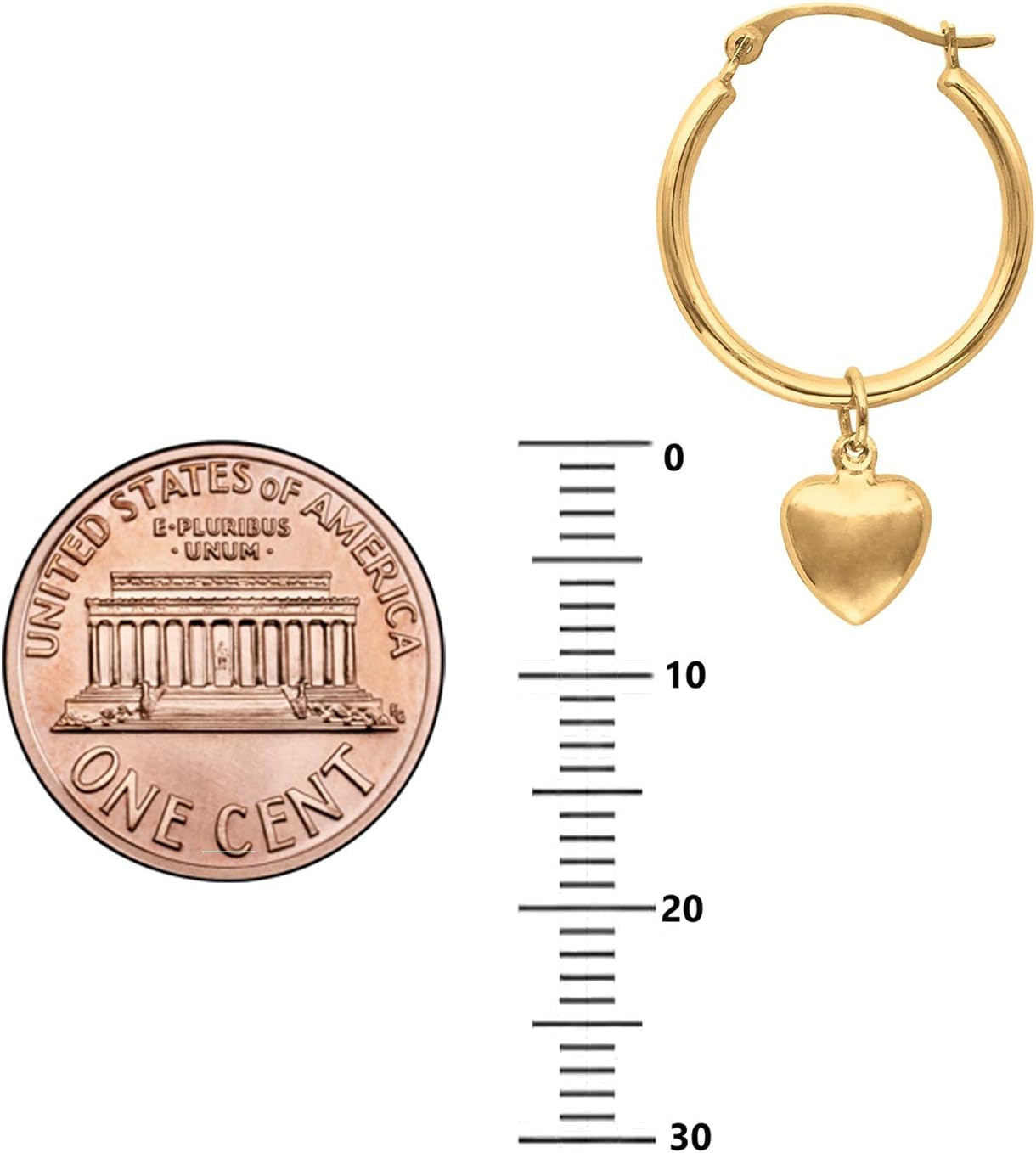 Ritastephens 14K Yellow Gold Small Dangle Mini Heart Hoop Earrings with Hinged Clasp 15MM