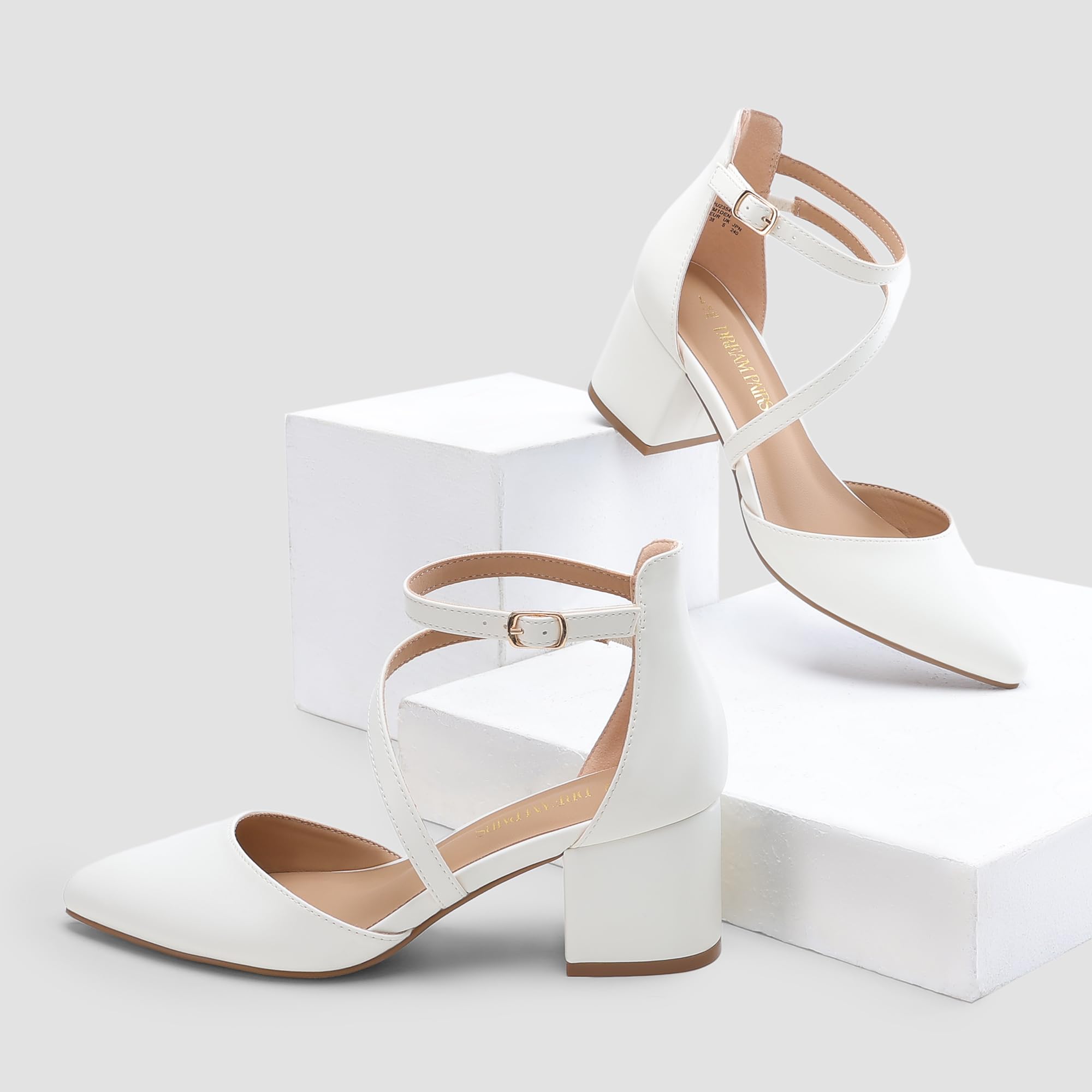 DREAM PAIRS Damen-Pumps mit geschlossenem, spitzem Zehenbereich und niedrigem Blockabsatz, Knöchelriemen, Hochzeitsschuhe, Elegante Schuhe