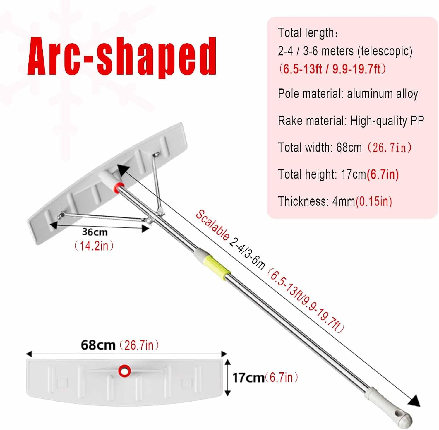 6.3-21 Ft Aluminum Telescoping Snow Roof Rake with Reinforced 3-Point Support Head, Heavy-Duty Pole for Efficient Snow, Leaves, and Debris Removal (Arc-Shaped, 2-4m/6.6-13ft)