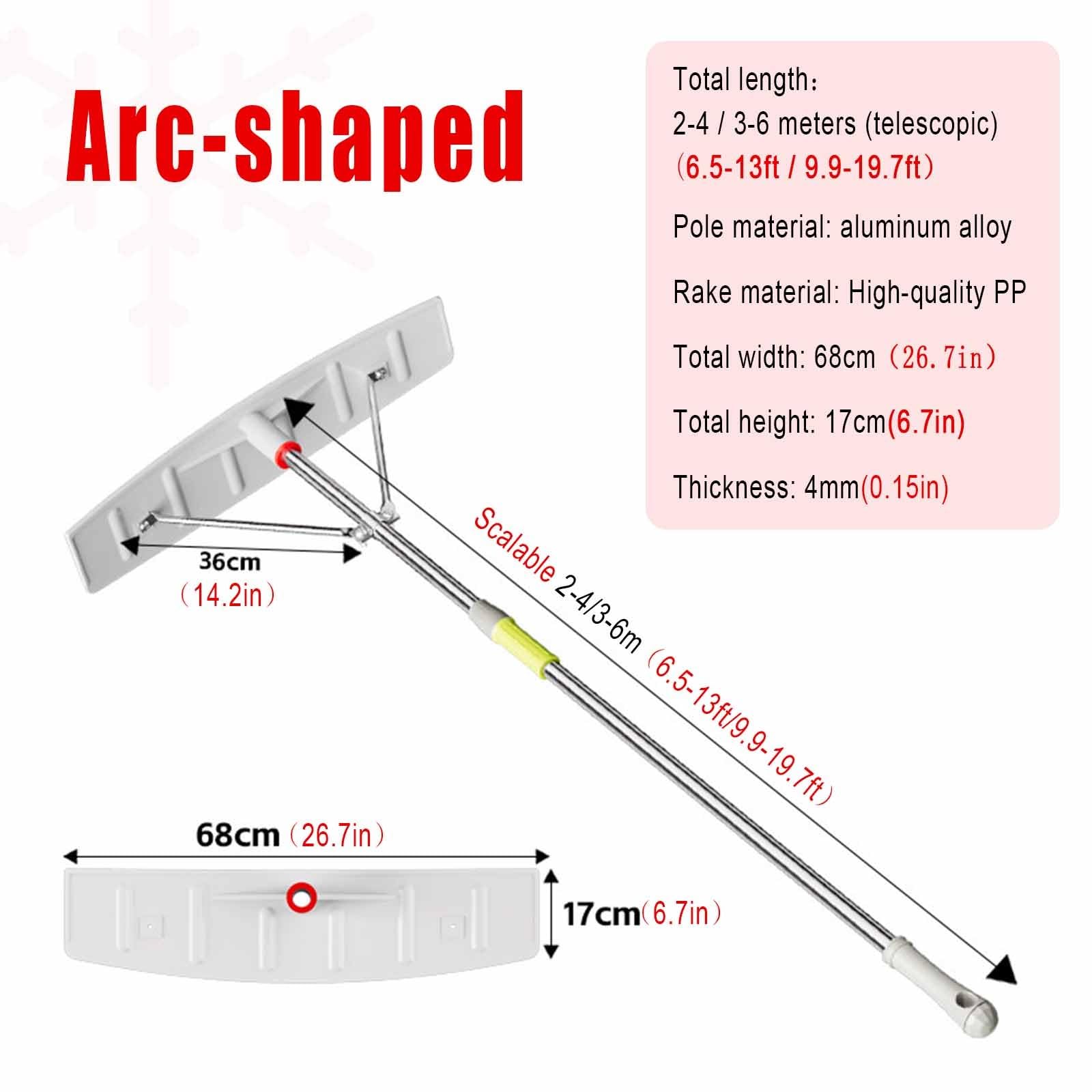 Ausziehbare Schneeschaufel mit Eiskratzer, 2-in-1-Werkzeug für Dachschneeräumung, leichter Aluminiumgriff, verstellbar, 2 - 4 m