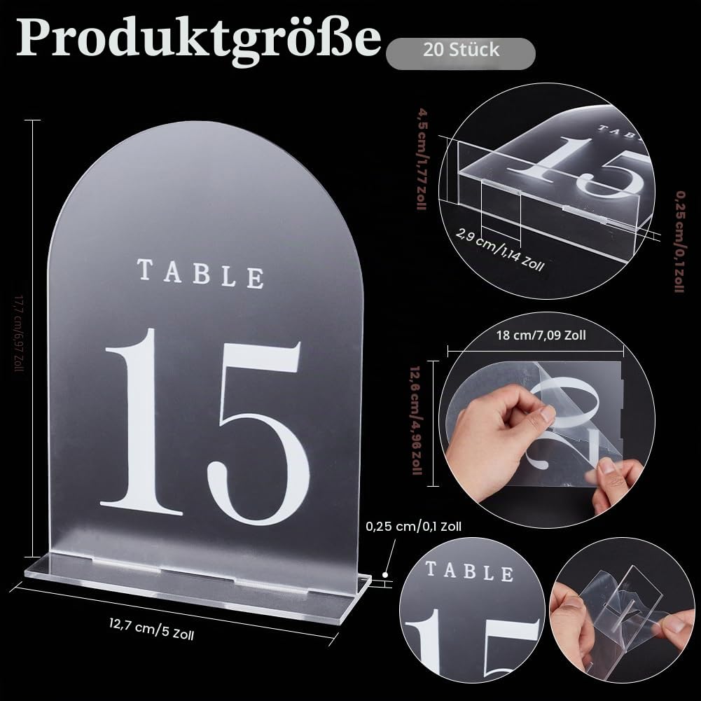 PH PandaHall 20 Sets gefrostete Tischnummern, Hochzeit Tischnummern Schilder Acryl-Tischnummern 1-20 Bogen Acryl Schild mit Ständer für Hochzeit Empfang Event Party Restaurant Klar 18x12.7 cm