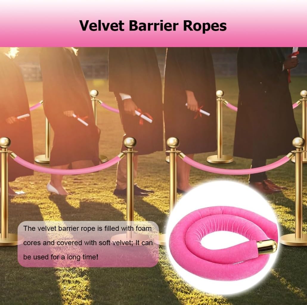 4 Pack 2-13' Pink Velvet Stanchion Rope, Crowd Control Barrier Rope with Snap Hooks for Posts Stand Queue Divider of Party Event(0.9m/36In/3Ft)
