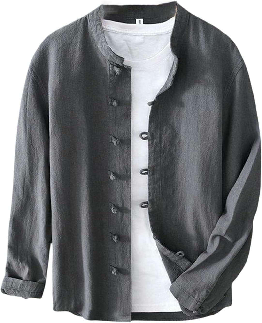 Men's Spring Autumn National Frog Buttons Long Sleeve Cotton Linen Chinese Style Stand Collar Casual Loose Shirt