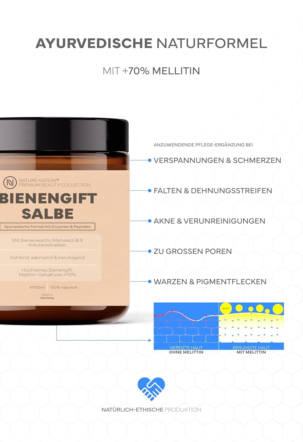 Bienengiftsalbe hochdosiert (+70% Melittin): Kühlend & wärmend, Bee Venom Bienengiftcreme + 9 Kräuterextrakte & 330 Bienenstichen: Aloe Vera & Eukalyptus; Made in Germany; Pflegt Falten & Arthrose