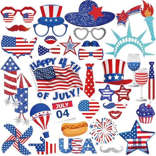Easy Joy Lot de 36 Accessoires Photo pour Le Jour de l'indépendance, décorations pour photomaton, Drapeau américain, décoration d'anniversaire, fête