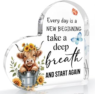 Motivational Gifts for Women Men, Everyday Is A New Beginning Cow Decor Heart Shaped Acrylic Sign, Inspirational Gifts for Friends, Cute Highland Cows Desk Decorative Signs for Home Office Bathroom