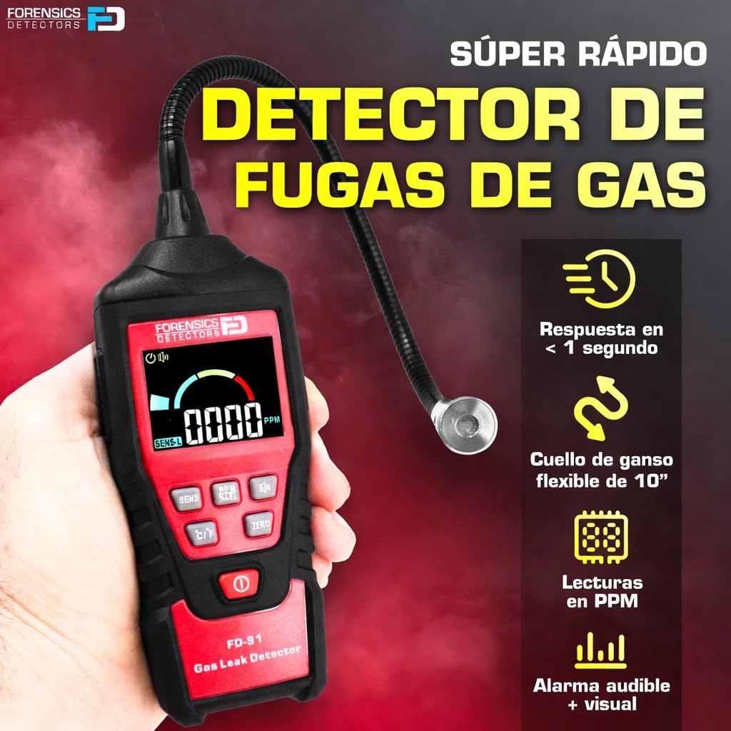 Detector de Fugas de Gas | Prueba de Caída Superada Desde 10 Pies | Gas Natural, Alcoholes, Metano, Gases Combustibles, Acetona, Etanol, Propano, Butano, Gasolina, Diésel, IPA, Tolueno, GLP, GNL