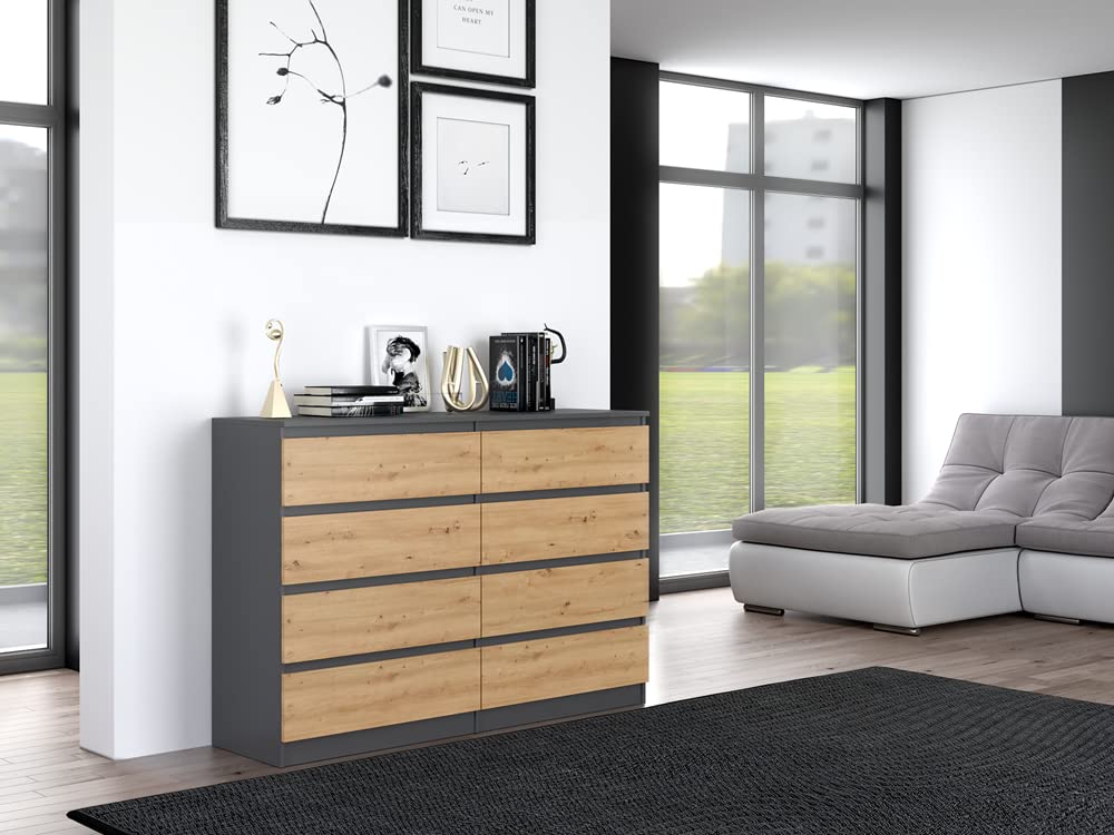 ADGO Malwa M8 140 Kommode mit 8 Schubladen 138x97x40cm, Klassischer Schrank mit Regalen für Schlafzimmer Wohnzimmer Kinderzimmer Tief Freistehend Platzsparend (Versand in 3 Packs) (Anthrazit/Artisan)