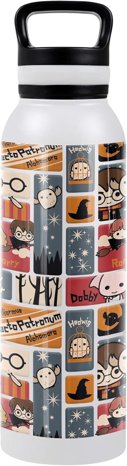 Harry Potter OFFICIAL Cute Chibi Pattern 24 oz Insulated Canteen Water Bottle, Leak Resistant, Vacuum Insulated Stainless Steel with Loop Cap, Black