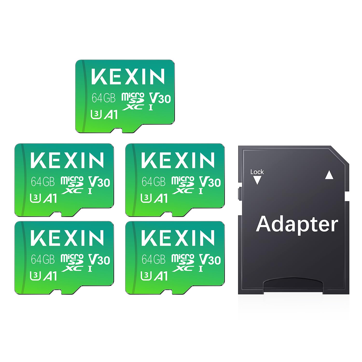 KEXIN Micro SD Karte 64GB 5er Pack Speicherkarte Micro SD mit SD Adapter, Bis zu 100 MB/s Lesegeschwindigkeit, UHS-I, U3, A1, V30, C10, MicroSDXC Memory Card 64 GB 5 Stück