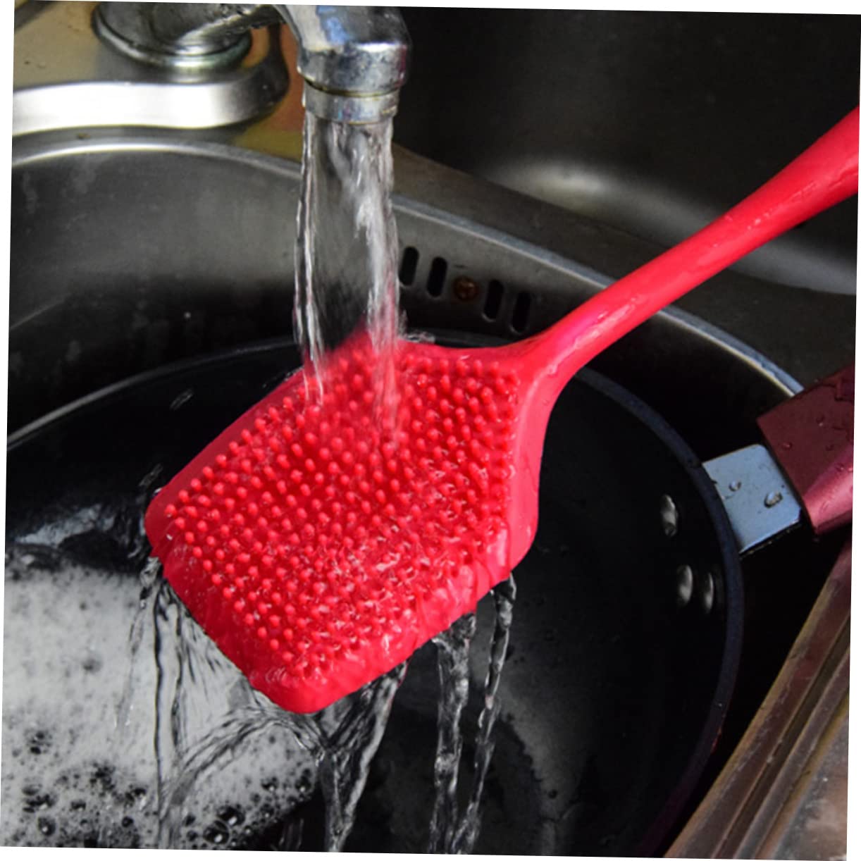 NOLITOY Non-Stick Resistant Silicone Pot Brush Dish Scrubber for Grip Handle Anti-Slip Reachable Design Space-Saving Hanging Hole Dishwashing Tool Random