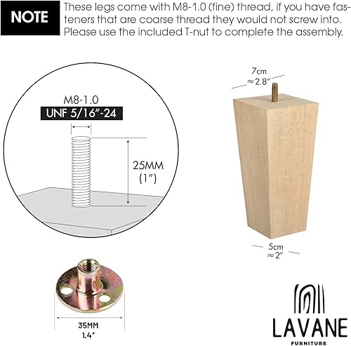 Miniatura 4 de La Vane - Patas de madera para muebles de 4 pulgadas, juego de 4 patas cuadradas de madera maciza sin terminar de mediados de siglo, modernas patas