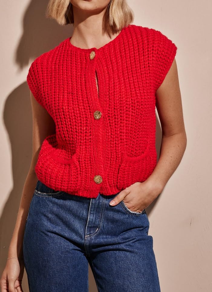 Image of UAURORAO Women Chunky Sweater Vest Button Down Crochet Cable Knit Cardigan Sleeveless Open Front Knitted Crop Waistcoat