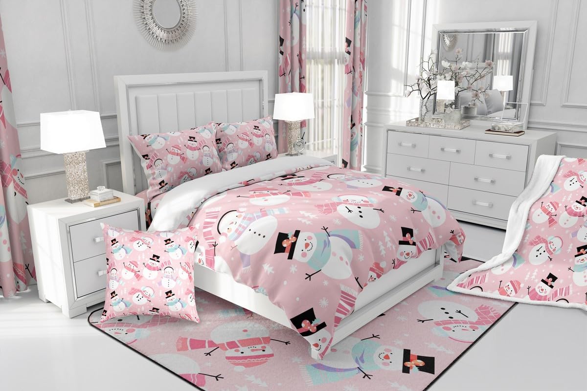 jejeloiu Pink Christmas Bedding Set Twin Size Snowman Comforter Set for Kids Boys Girls Xmas Tree Comforter New Year Decor Microfiber Duvet Set Bedroom Quilt Set