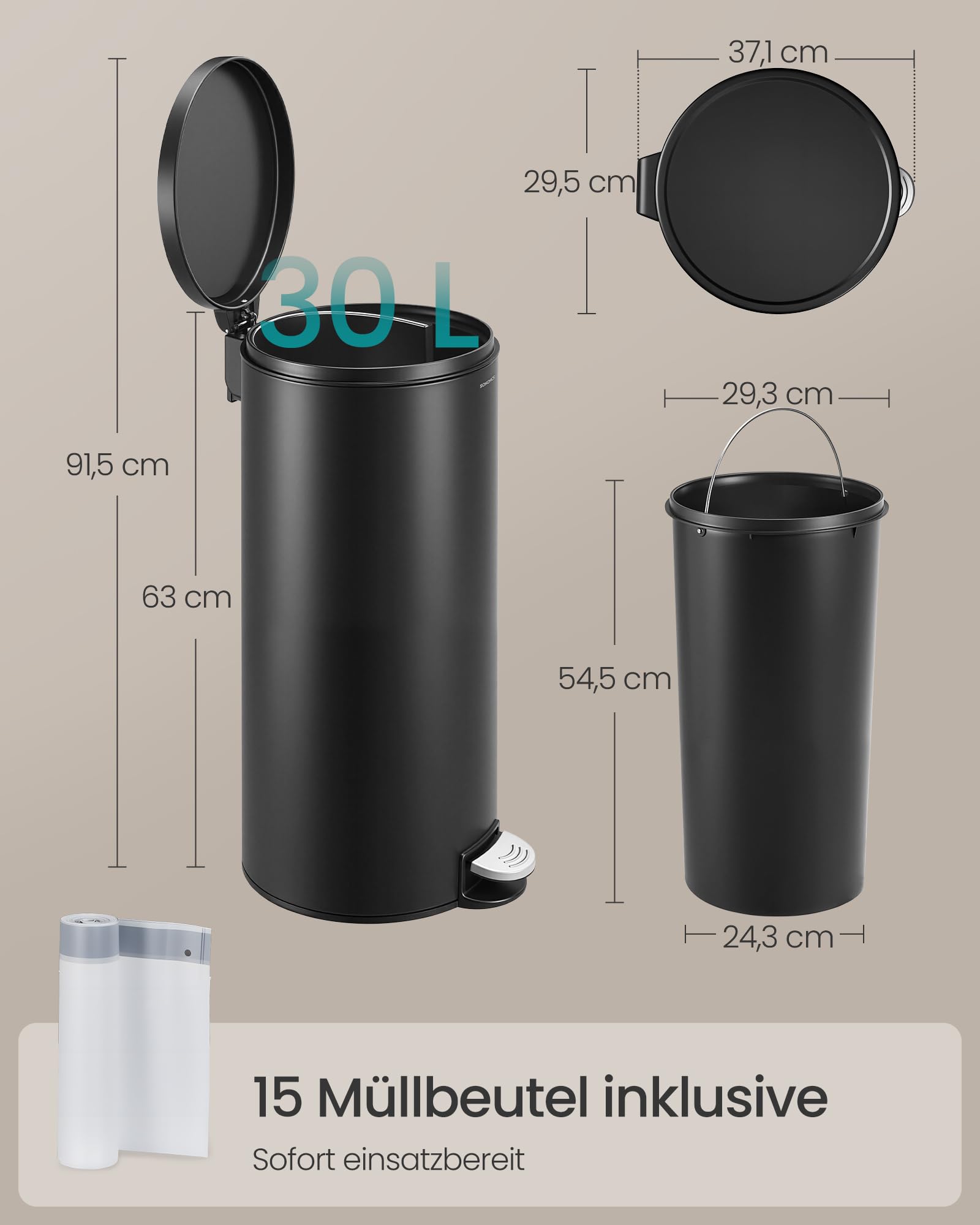 SONGMICS Mülleimer Küche, rund, Abfalleimer, 15 Müllbeutel, Tretmülleimer mit Metall-Pedal, herausnehmbarer Inneneimer aus Kunststoff, Griff, Softclose-Deckel, Stahl, 30 L, tintenschwarz LTB031BZ02