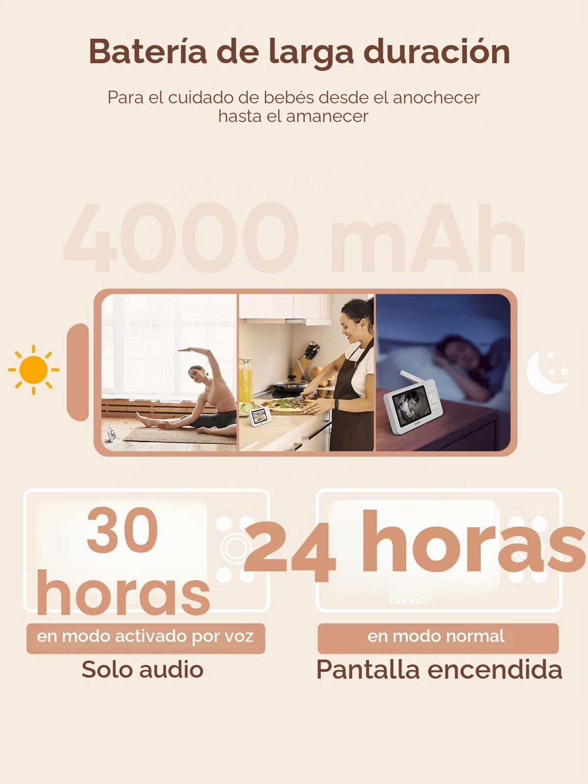 Bonoch - Babyphone (4,3 pulgadas, con cámara, 720p, batería 4000 mAh, sin Wi-Fi, visión nocturna, audio dúplex, modo VOX, sensor de temperatura, 8 canciones, zoom x2, x3, x4
