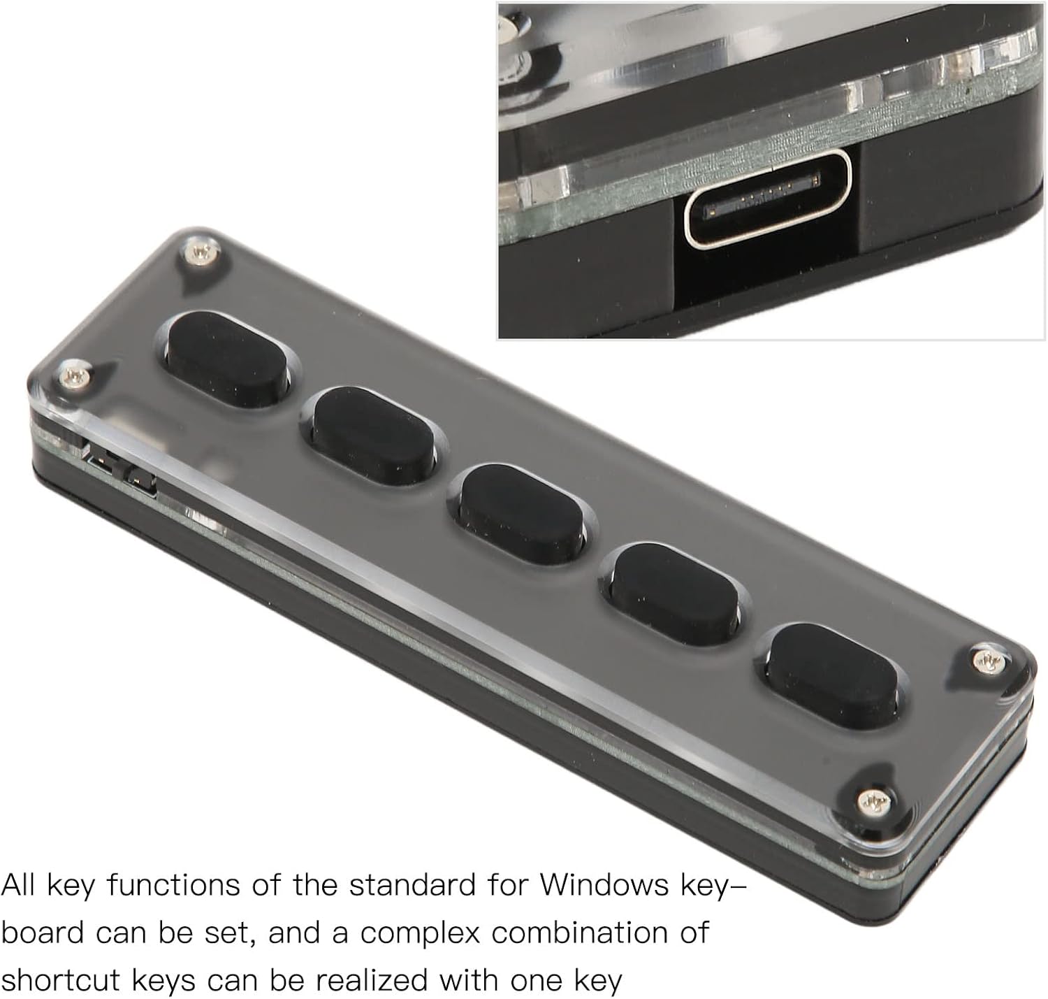 ASHATA 5 Keys Programmable Keypad showing the USB-C port for wired connection.