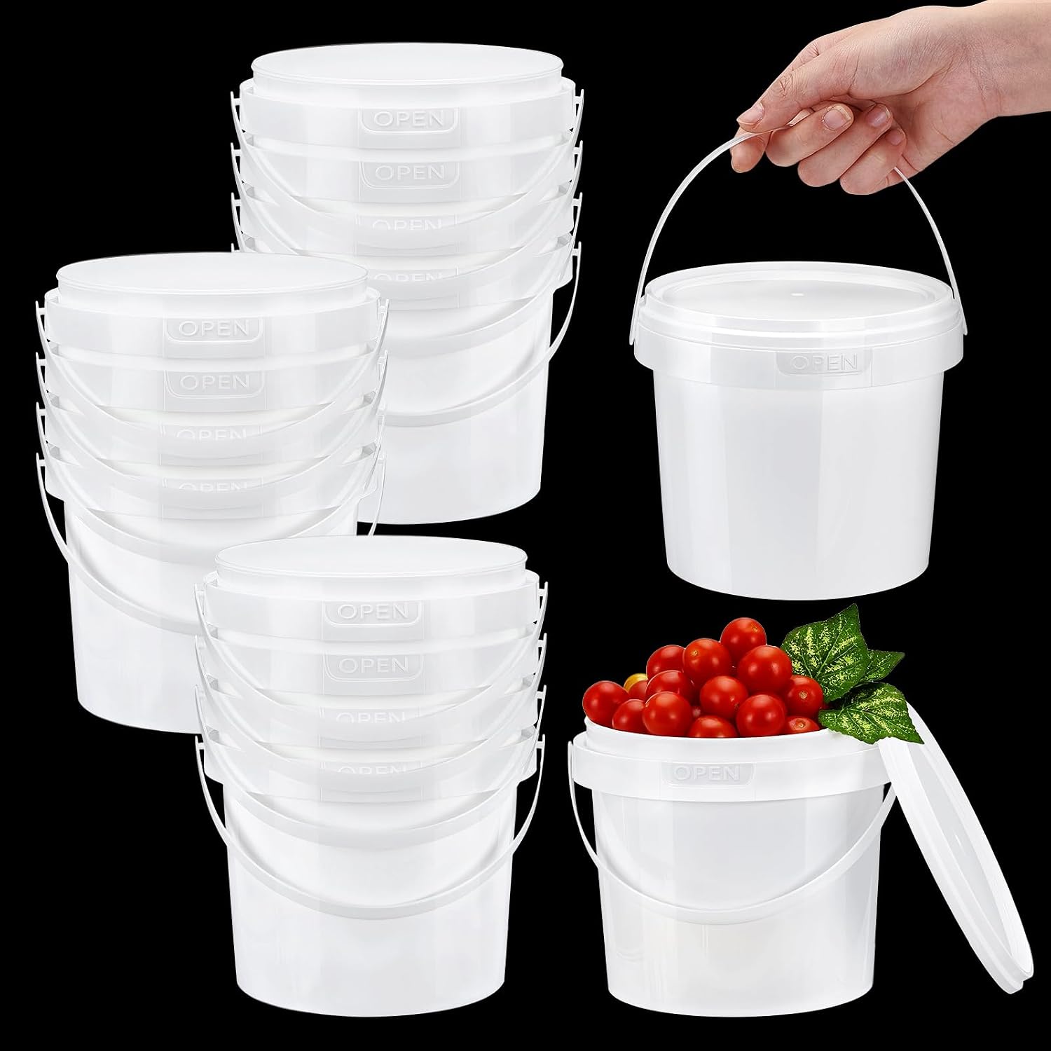 12 Pcs White Plastic Bucket with Lid and Handle, Food Grade Buckets with Lids, Ice Cream Containers Food Safe Bucket for Multipurpose Storage Paint Water Art Crafts Projects (1.58 Quart)