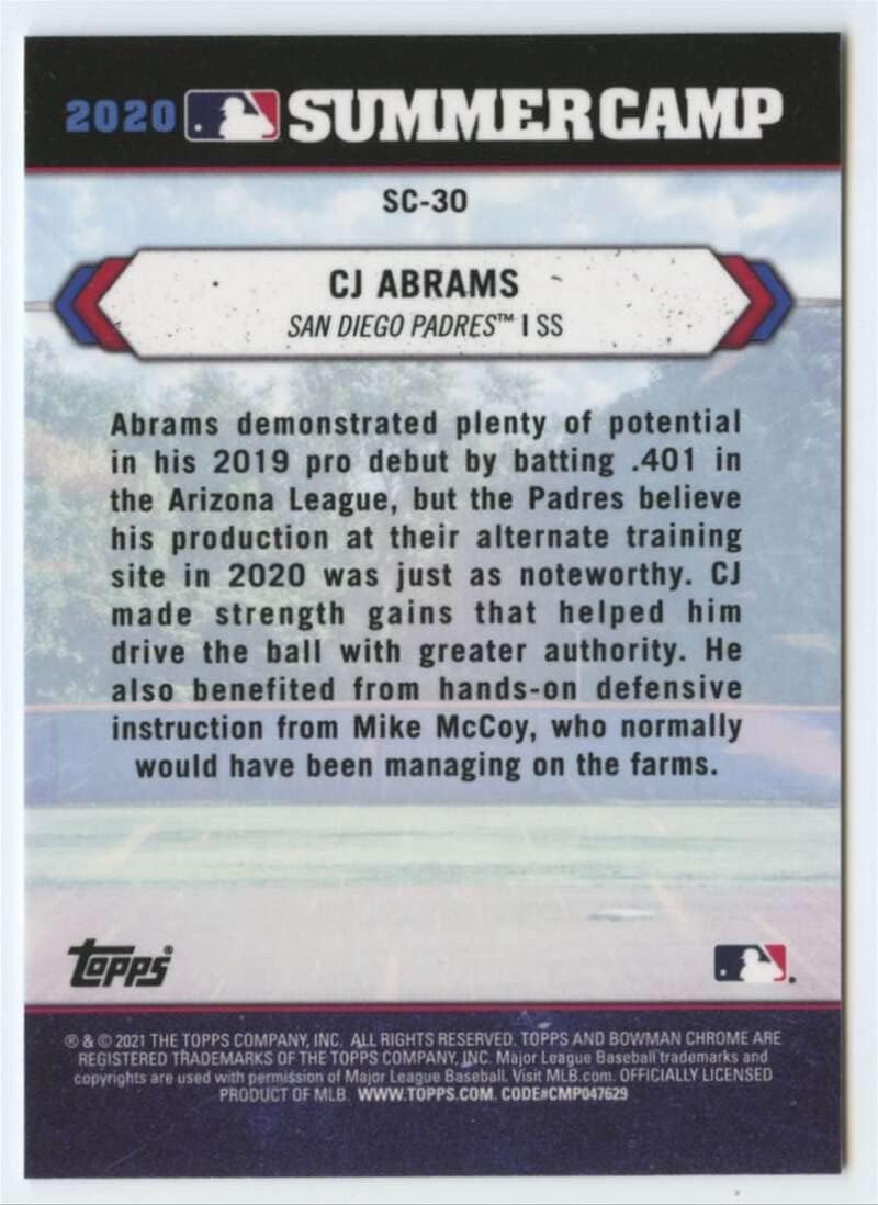 Back of the 2021 Bowman Chrome 2020 Summer Camp Refractor #SC-30 CJ Abrams baseball card, showing card number SC-30, player name, team, and biographical text.