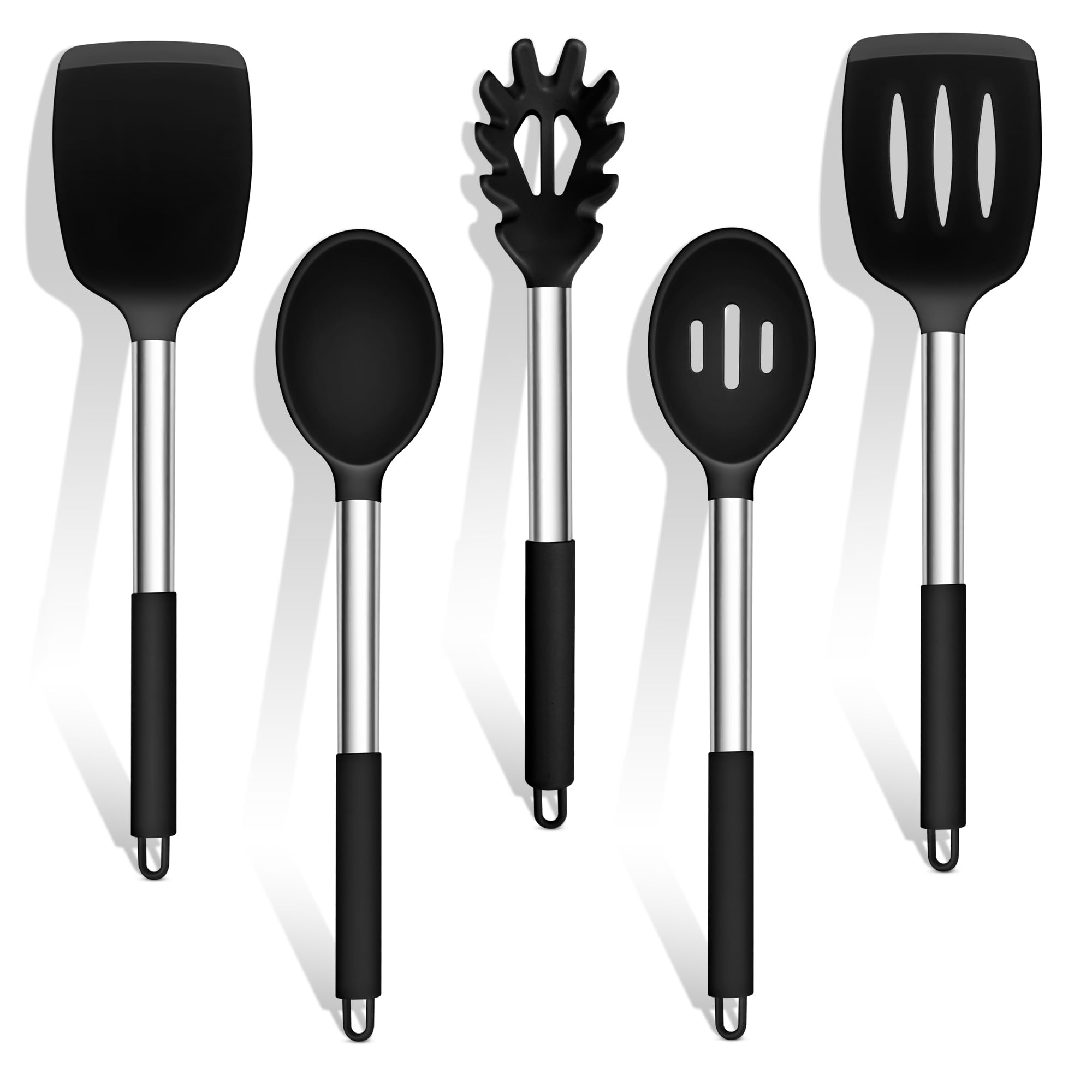 TeamFar Cooking Utensils Set, 5 PCS Silicone Kitchen Utensils with Stainless Steel Handle, for Nonstick Cookware Flipping Frying Turning Draining, Heatproof & Healthy, Nonstick & Easy Clean, Black