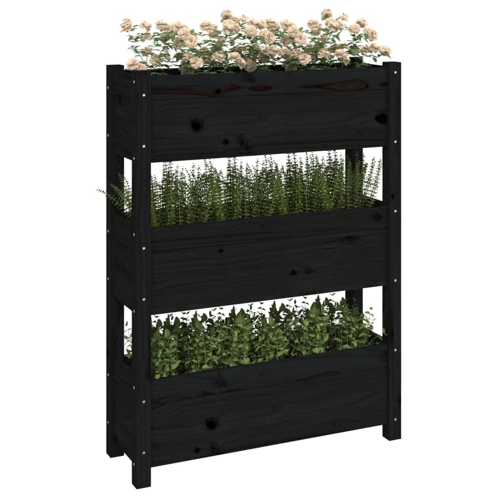 Jardinière Noir 77x25x104,5 cm Bois Massif de Pin - Carré Potager Vertical 3 Bacs pour Balcon, Jardin et Terrasse - Lit Surélevé Robuste et Grand Espace de Plantation